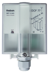 Antenna DCF77 KNX - Radio control via antenna with KNX time switches: To ensure good reception, do not install the antenna
                                 in cellars or on distribution boxes. Connection is made via separate 2-wire, unscreened high-voltage power cable (max. 100
                                 m), up to 10 Theben top2 RC devices can be connected. Polarity, short-circuit and interruption of the antenna circuit are
                                 each visually displayed to help with installation.
